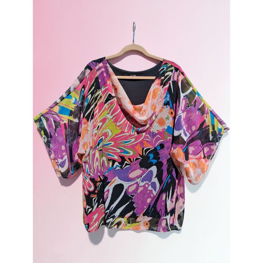 Le Bos Plus Size 24 Abstract Multi-Color Chiffon Overlay Cowl Neck Top